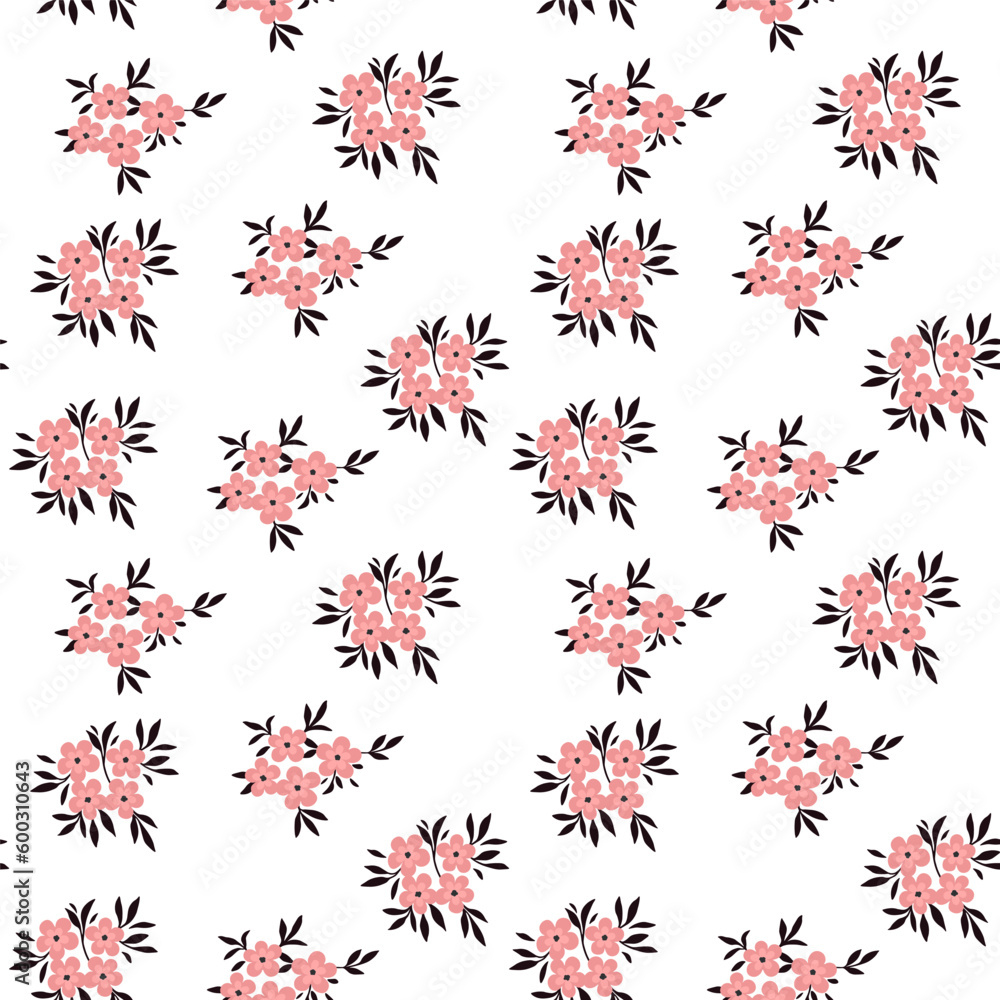 Seamless pattern of vector pink flowers and black leaves. Floral background of blooming flowers on a white background. Seamless pattern of vector pink flowers and black leaves. Floral background of blooming flowers on a white background.