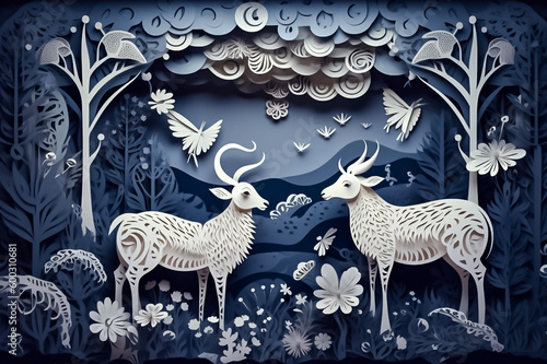 A nighttime forest scene brought to life with a beautiful paper cut illustration of a goat, accented with silver and gold. generative AI.