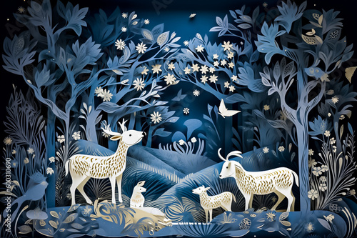 A nighttime forest scene brought to life with a beautiful paper cut illustration of a goat  accented with silver and gold. generative AI.