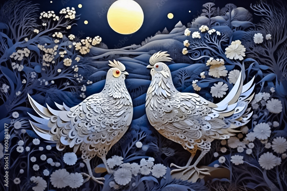 Fototapeta premium A stunning paper cut chicken illustration in silver and gold, set against a nature-inspired forest at night. generative AI.