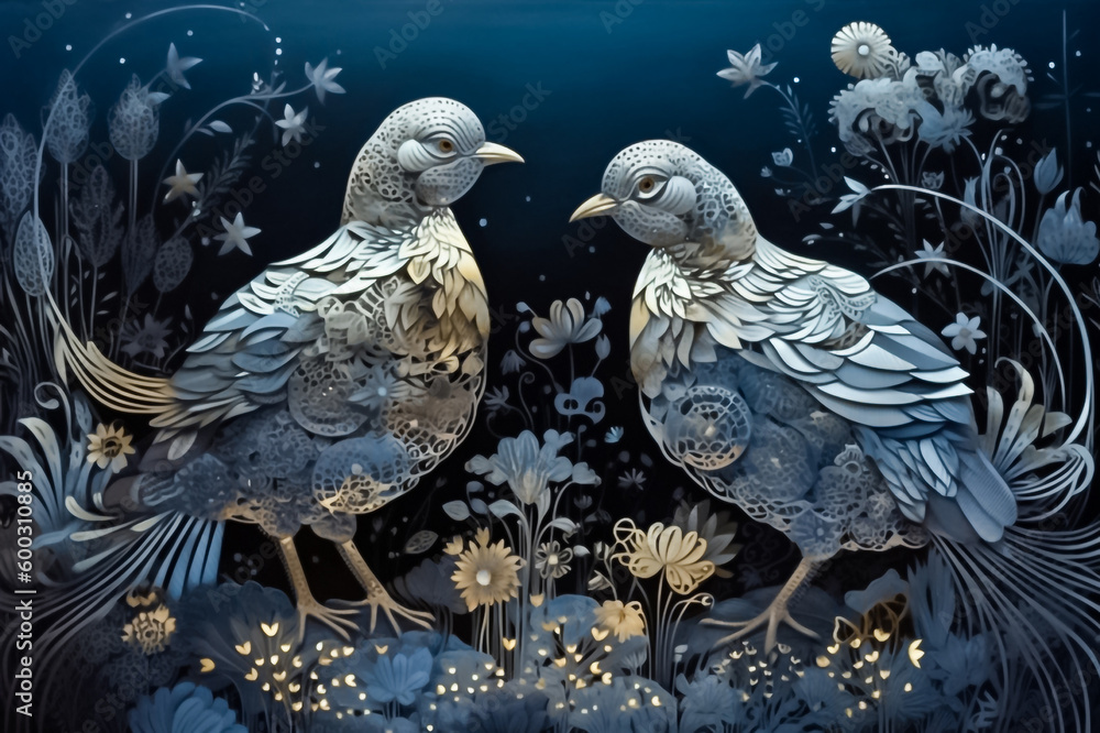 Fototapeta premium A stunning paper cut chicken illustration in silver and gold, set against a nature-inspired forest at night. generative AI.