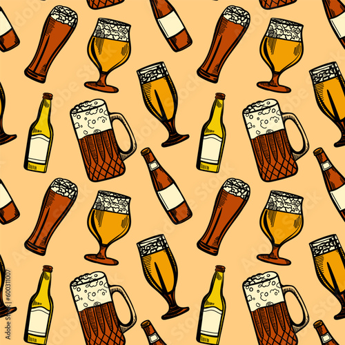 Vector seamless pattern with different beer glasses and mugs. illustration background in ink hand drawn style.