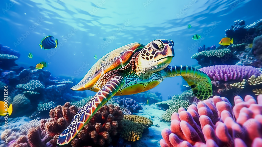 turtle with group of colorful fish and sea animals with colorful coral underwater in ocean, Generative AI turtle with group of colorful fish and sea animals with colorful coral underwater in ocean, Generative AI
