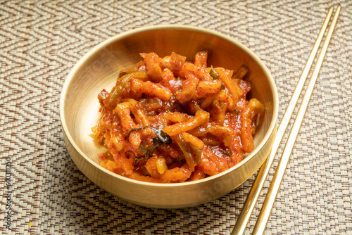 Korean food side dishes, Seasoned Dried Radish, Kimchi Korean traditional food.