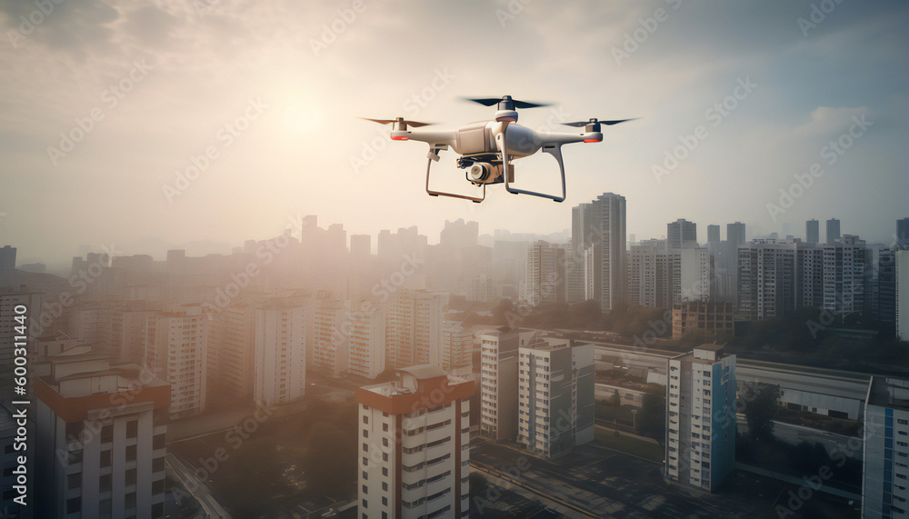Glowing drone flies over city skyline at dusk generated AI Glowing drone flies over city skyline at dusk generated AI