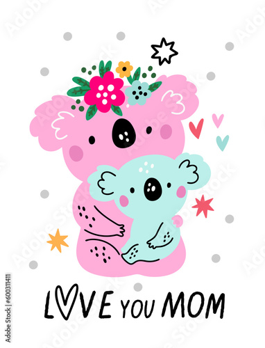 Cute koala greeting card. Kid loving mother. Happy mom and cub hugging. Cartoon animals. Zoo character with floral wreath. Funny family. Australian mammals. Vector holiday banner design