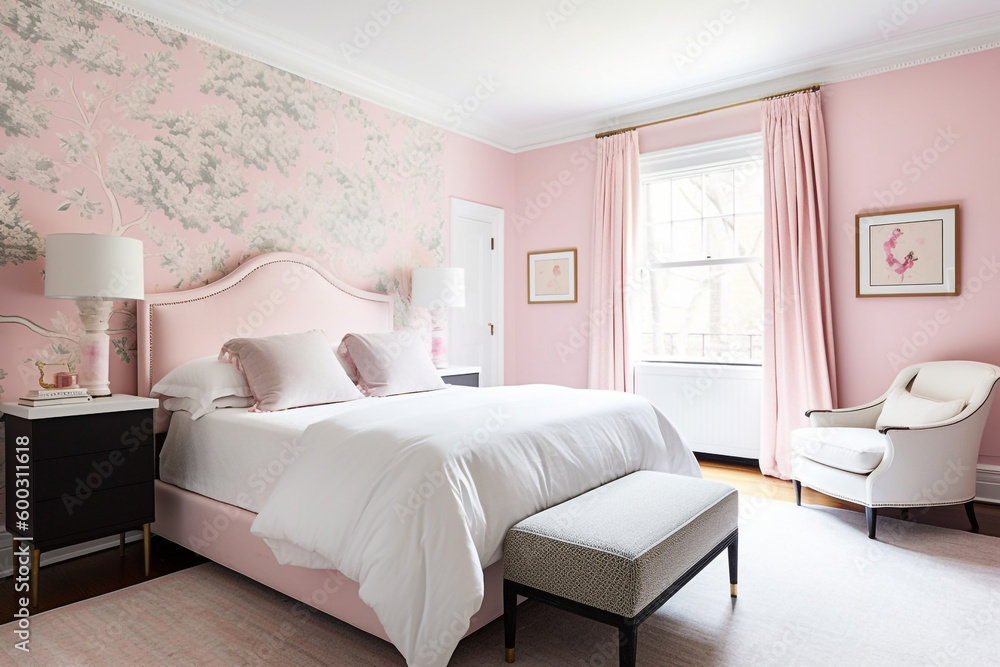 modern empty Wall Bedroom with Soft Pink Accents, Generative AI