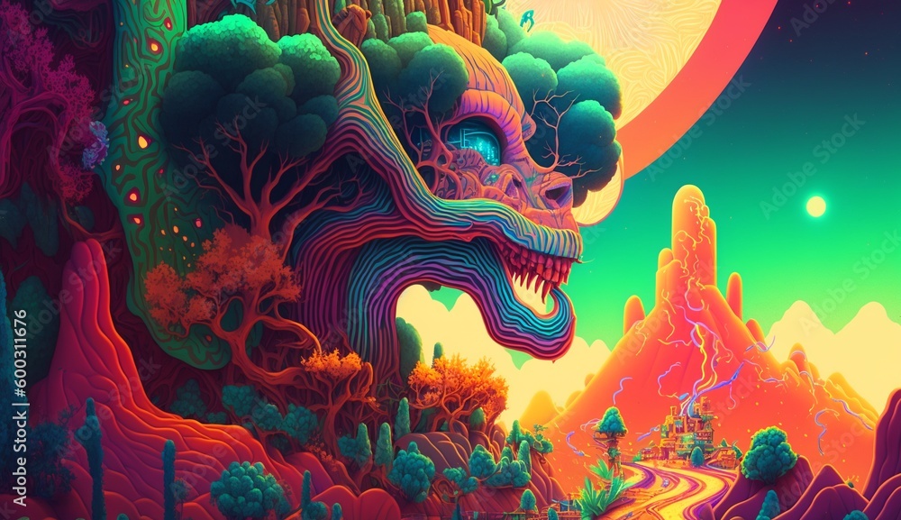 Psychedelic hallucinations. Vibrant illustration. Surreal images. Template for cards, stickers, baners, posters. AI generated. Psychedelic hallucinations. Vibrant illustration. Surreal images. Template for cards, stickers, baners, posters. AI generated.