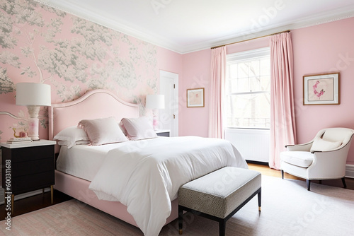 modern empty Wall Bedroom with Soft Pink Accents, Generative AI