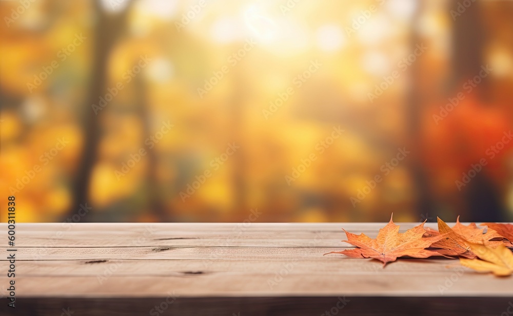 Obraz premium Autumn Leaves on Wooden Table for place product with Bokeh Background. Nature and Seasonal Decoration with Copy Space. Generative AI illustrations.