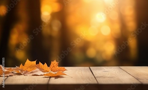 Autumn Leaves on Wooden Table for place product with Bokeh Background. Nature and Seasonal Decoration with Copy Space. Generative AI illustrations.