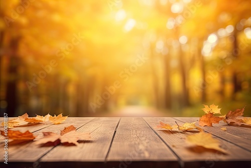 Autumn Leaves on Wooden Table for place product with Bokeh Background. Nature and Seasonal Decoration with Copy Space. Generative AI illustrations.