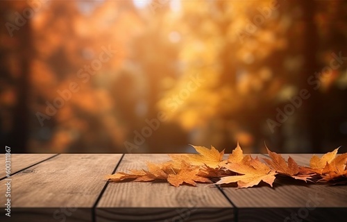 Autumn Leaves on Wooden Table for place product with Bokeh Background. Nature and Seasonal Decoration with Copy Space. Generative AI illustrations.