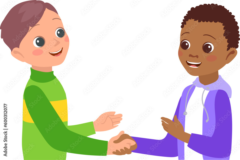 Kid greeting gesture. Happy boys shaking hands. Gesturing friends. Children cooperation. Young people holding arms. Handshake for introduce. Successful partnership. Vector illustration Kid greeting gesture. Happy boys shaking hands. Gesturing friends. Children cooperation. Young people holding arms. Handshake for introduce. Successful partnership. Vector illustration