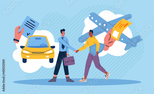 Insurance service. Cartoon agent shakes hands with satisfied customer. Successful transaction. Car and travel protection. Airplane journey ticket. Guarantee document. Vector concept