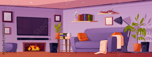 House room interior with furniture. Modern living room with sova, tv, table with books, fireplace with fire, floor lamp, shelves and plants, vector cartoon illustration