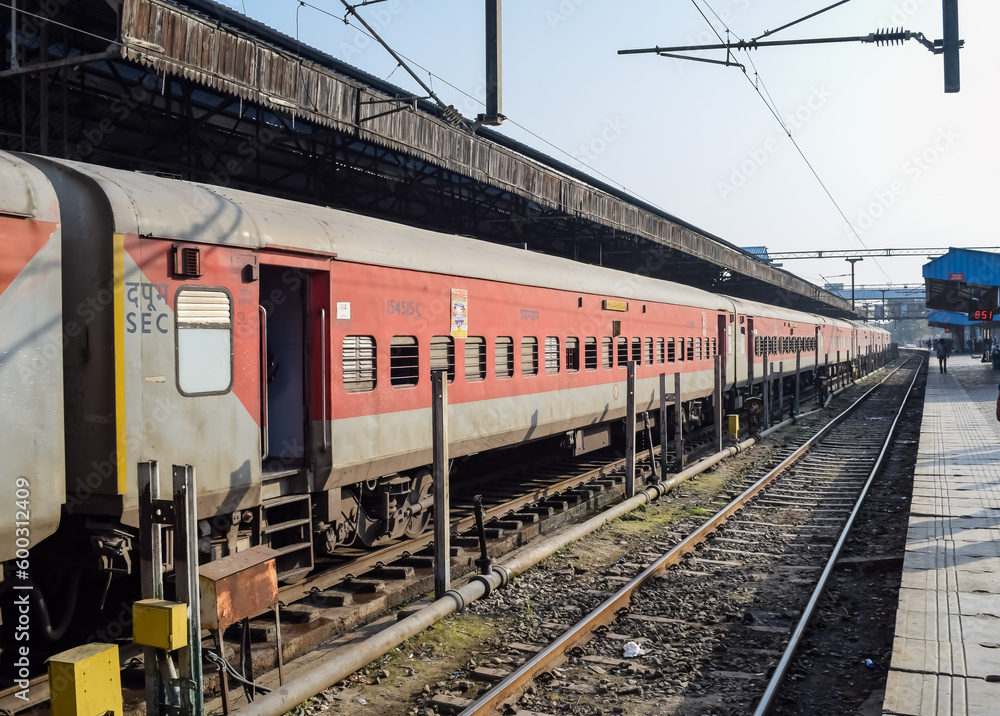 Indian railway train at Amritsar railway station platform during morning time, Colourful train at Amritsar, Punjab railway station