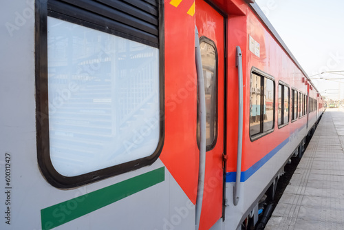 Indian railway train at Amritsar railway station platform during morning time, Colourful train at Amritsar, Punjab railway station