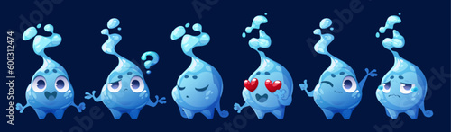 Vector cartoon set of isolated water drop mascot emoticon. Cute character with sad, cry, smiley, question or love expression. Funny aqua hero icon for animation. Friendly raindrop with eyes and hands.