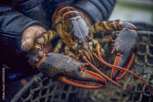 Close-up of a lobster being harvested from a trap. Generative AI. photo
