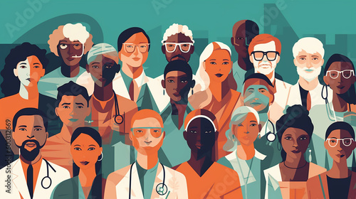 Vector illustration, group of Male Female Doctors and nurses, AI Generative photo