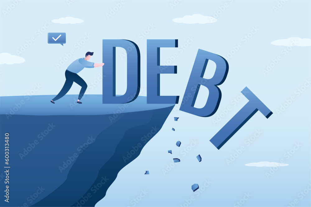 Obraz premium Financial freedom concept. Unhappy entrepreneur pushes the word DEBT off cliff into an abyss. Exemption from business problems, loans. Forced bankruptcy. Overcoming financial obstacles.