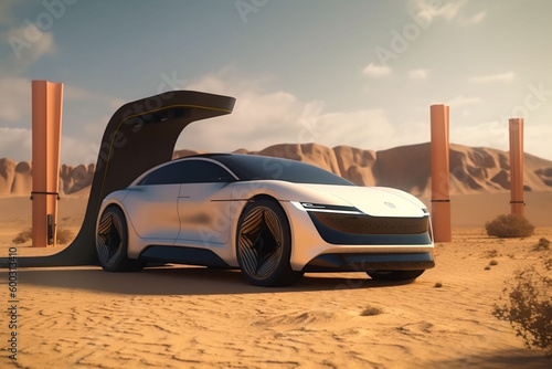desert automotive transport auto transportation futuristic drive car electric refueling. Generative AI. © VICHIZH