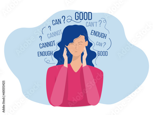 businesswoman confusion or imposter syndrome  Self doubt on him head not good, enough ,thinking, can and cannot make no confidence to make decision self concept