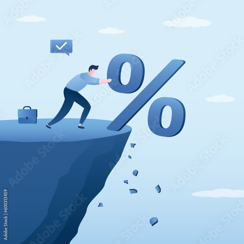 Financial freedom concept. Entrepreneur pushes big percentage sign off cliff into an abyss. Exemption from business problems, loans. Forced bankruptcy. Overcoming financial obstacles.