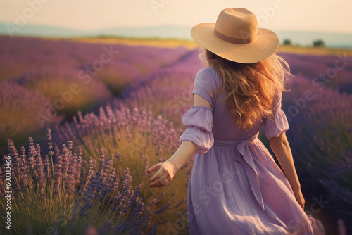 beautiful women walking in flowers lavender