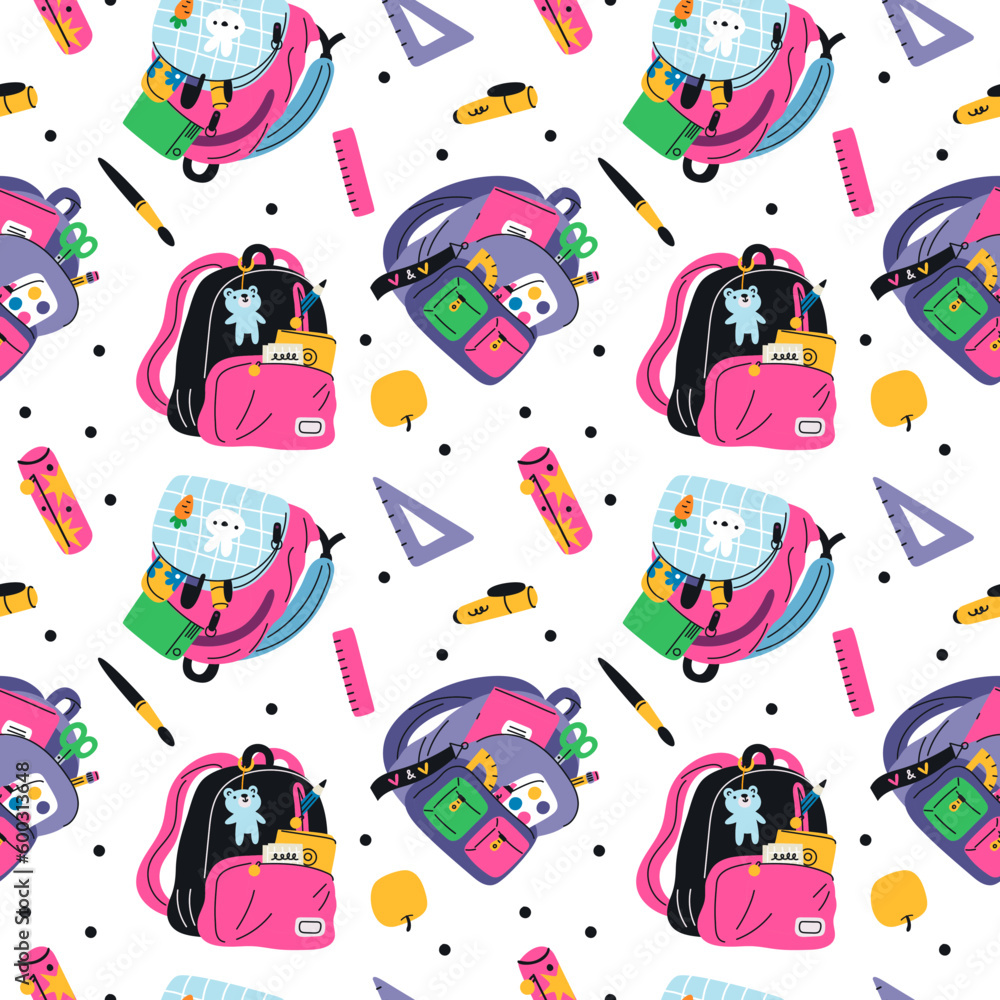 School elements seamless pattern. Colorful students backpacks with stationery. Rulers and pencils. Studying cases. Pupils rucksacks. Schoolbags with accessories. Garish vector background