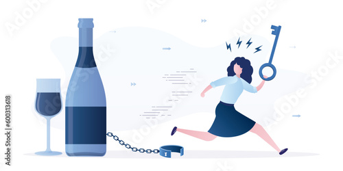 Happy woman was freed from alcohol addiction. Businesswoman holds big key and runs away from wine bottle and glass. Open shackles. Fighting alcohol addiction.