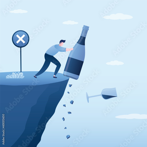 Male character pushes wine bottle and glass off cliff into abyss. Fighting alcohol addiction. Way to healthy lifestyle, alcohol refuse. Social issues, dependence. Alcoholism ban.