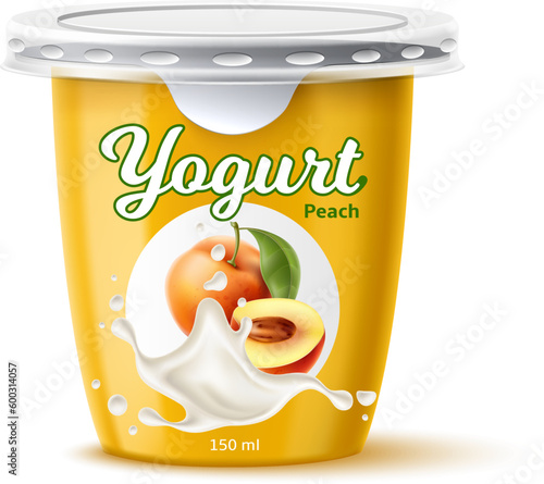 Yogurt package design. Dairy product. Juicy peach. Fruit taste. Closed jar for fermented milk food. Natural apricot flavor. Cream dessert container mockup. Vector plastic 3D packaging