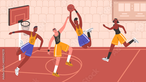 Basketball match. Professional athletes in uniform play on indoor court. Sportsman characters in different poses. Streetball defense and attack. Basketballers playground. Vector concept