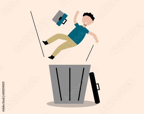 Employee lays off illustration. Concept of an unwanted person thrown away into a trash bin.