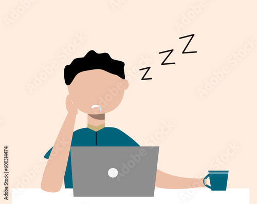 Employee sleeping while working in front of a laptop. Exhausted sick tired businessman concept.