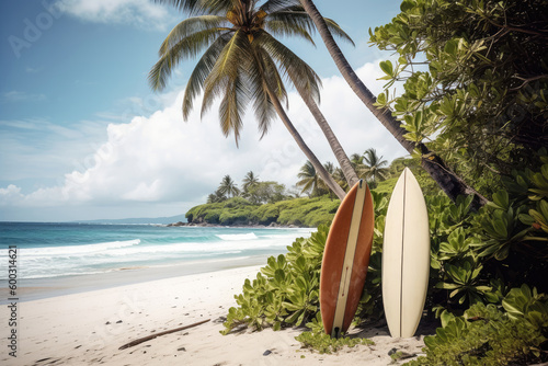 Two surfboards standing in sand on tropical beach, Generative AI © Aleksandr Bryliaev