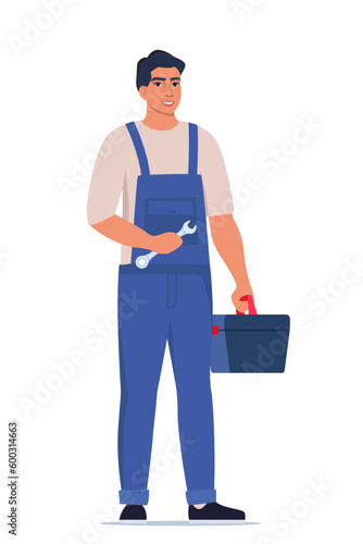 Repairman or mechanic with a toolbox. Man character in uniform with wrench in his hand. Vector illustration. © Alena