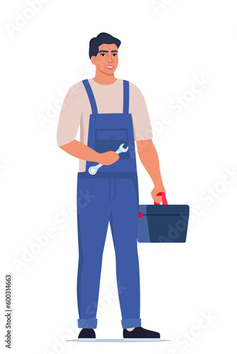 Repairman or mechanic with a toolbox. Man character in uniform with wrench in his hand. Vector illustration.