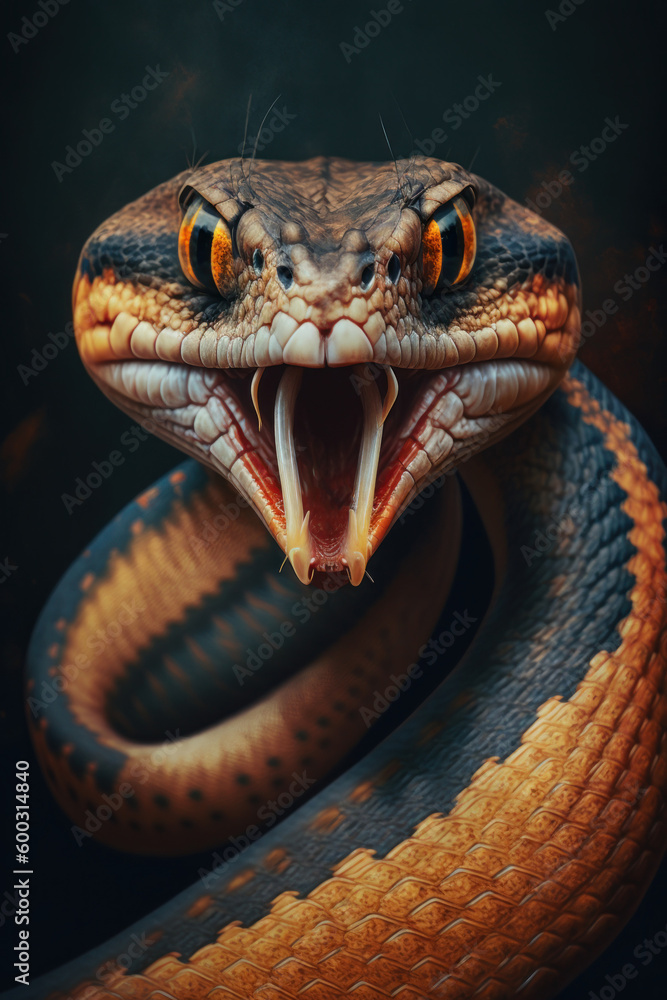 Fototapeta premium Angry Snake portrait with big teeth on dark background. AI Generative