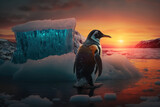 Penguin in polar regions on sunset background, Generative AI
