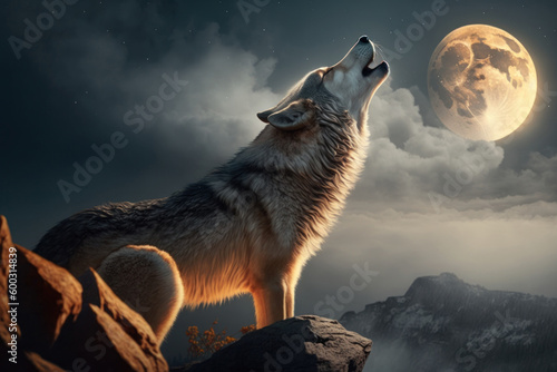 Wolf standing on hill and howling at the full moon  Generative AI