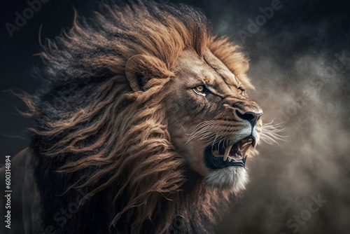 Angry old lion king on black background. AI Generative