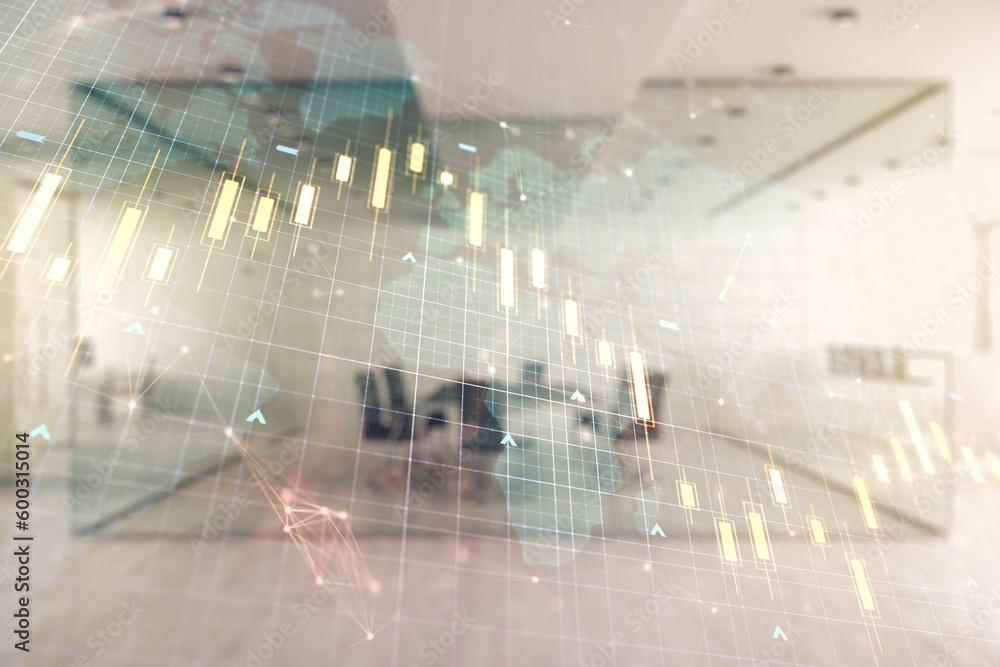 Fototapeta premium Double exposure of abstract creative financial chart hologram and world map on modern corporate office background, research and strategy concept