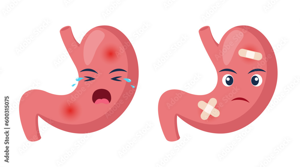 Sick stomach with pain ache or disease. Sad cartoon character stomach, body organ injured or unhealthy. Human cartoon anatomy, kids medicine. Vector illustration.
