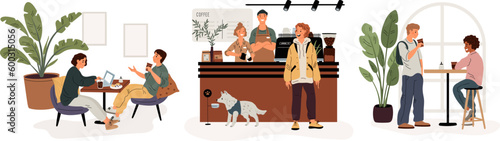 Coffee shop visitors. Restaurant customers. Happy people in cafe. Friends sitting at tables and chatting. Professional barista makes cappuccino. Coffeehouse interior. Garish vector set