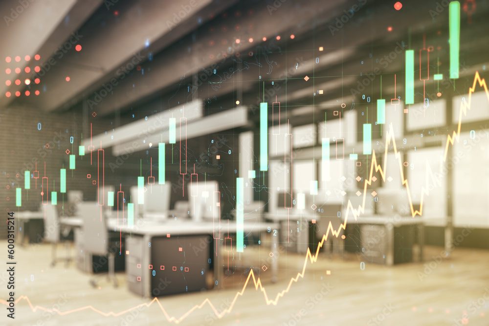 Abstract virtual financial graph hologram on a modern furnished classroom background, financial and trading concept. Multiexposure Abstract virtual financial graph hologram on a modern furnished classroom background, financial and trading concept. Multiexposure