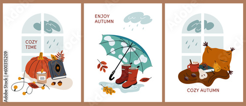 Cozy autumn elements. Cute fall accessories and objects. Autumnal posters. Orange pumpkin. Leaves herbarium. Umbrella and rubber boots. Rain outside window. Garish vector season cards set