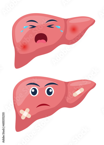 Sick liver with pain ache or disease. Sad cartoon character liver, body organ injured or unhealthy. Human cartoon anatomy, kids medicine. Vector illustration.